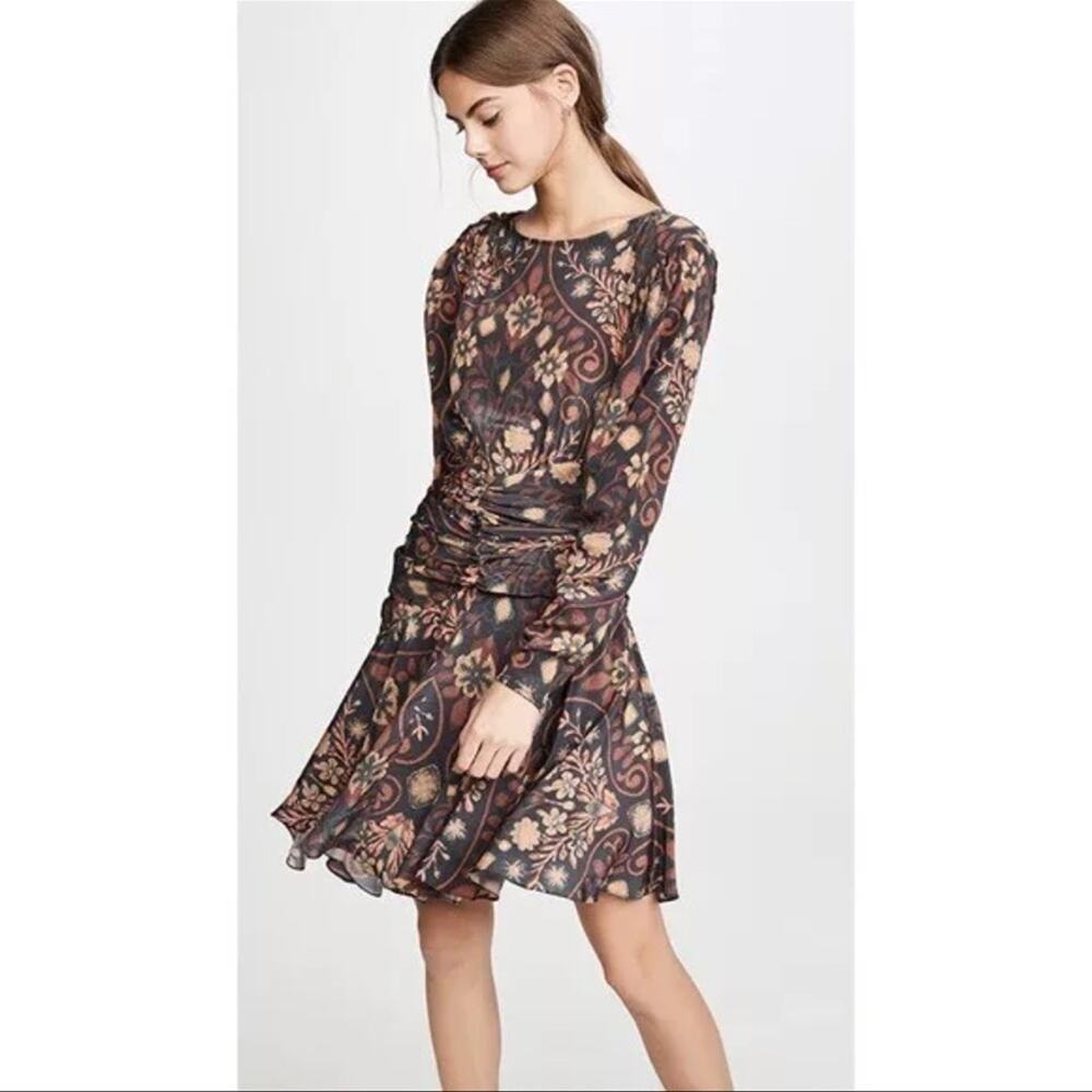 Preen by Thornton Bregazzi silk blend long sleeve draped flowy mini dress poppy